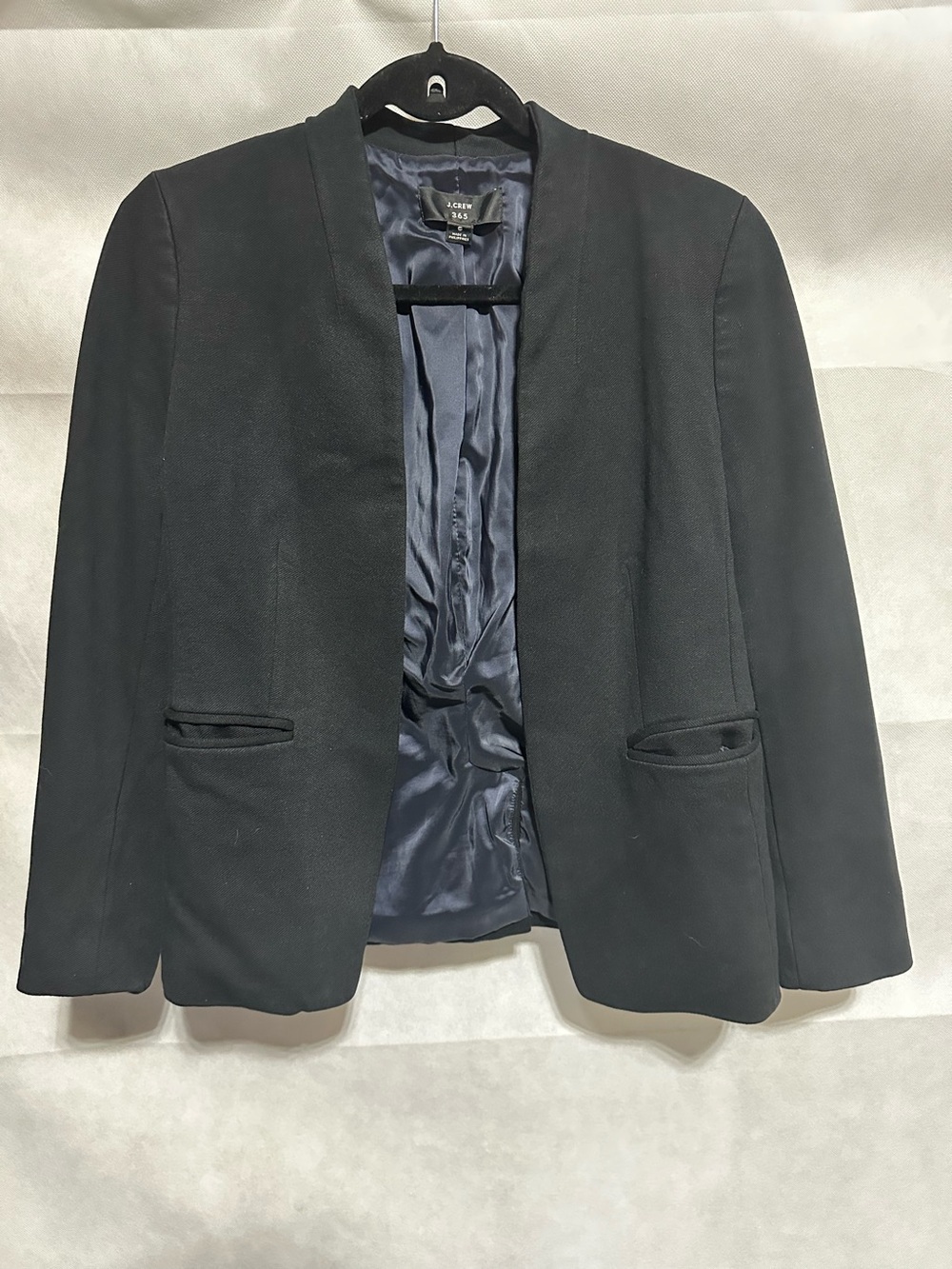 J. Crew 365 Going Out Blazer Womens 6 Black Collarless Open Front Stretch Lined